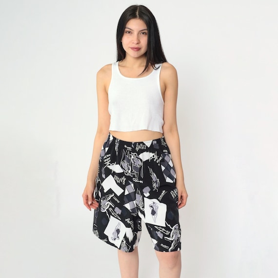 Vintage 90s Black White Graphic Shorts Elastic Waist Abstract Fashion Art Pattern Baggy Lounge Bermuda Shorts 1990s Medium Large