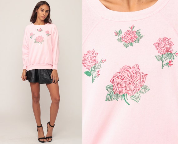 Floral Sweatshirt HAND PAINTED Shirt 80s Baby Pink Rose Shirt Vintage RAGLAN Sleeve Sweater Graphic 1980s Slouchy Large