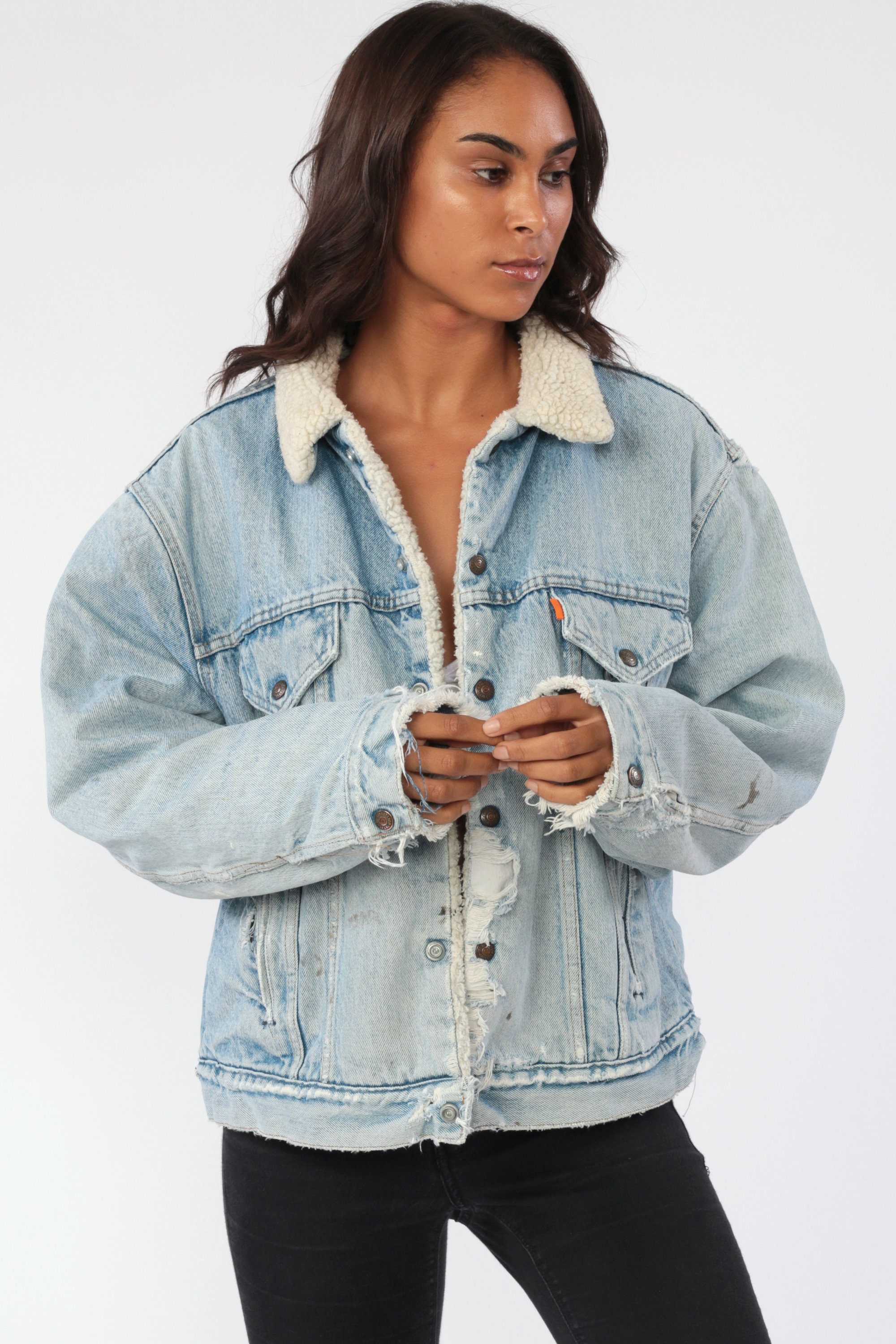 Levis Sherpa Jacket 48 -- Denim Shearling Jacket 90s Denim Jacket DISTRESSED Jean Levi Fleece
