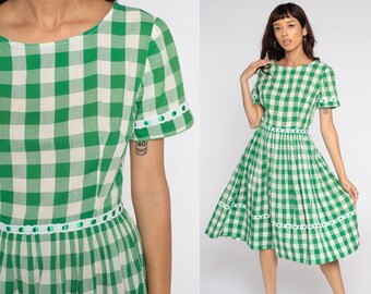 1960s Plaid Dress Green White Buffalo Plaid Dress Checkered 60s Midi Tartan Dress Fit and Flare Party Vintage Small S