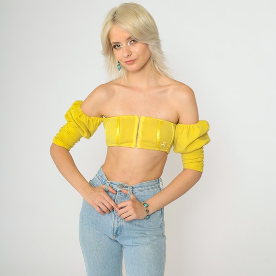 Y2K Yellow Off Shoulder Crop Top 2000s Puff Sleeve Hook Front Tight Stretchy Club Cropped Shirt Raver Going Out Top Summer Extra Small xs