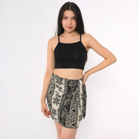 Vintage Floral Wrap Skirt Black White Mini Skirt 90s Grunge Boho Striped Flower Skirt 1990s Festival Bohemian Skirt Small xs
