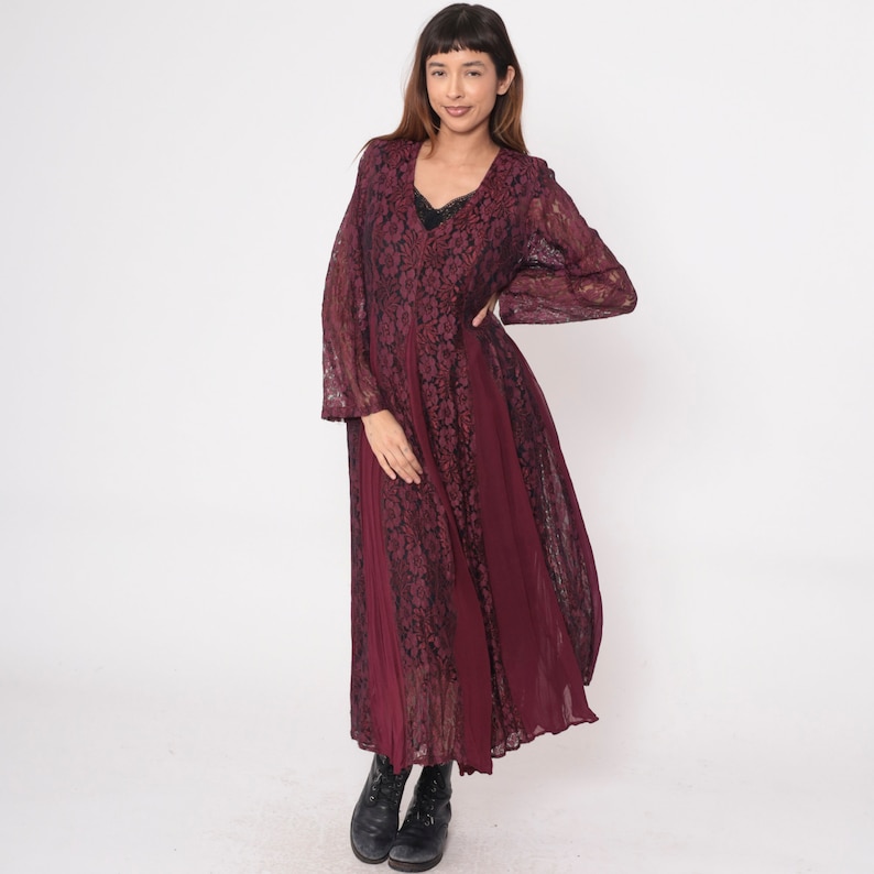 Plum Lace Dress 90s Nostalgia Chiffon Panel Maxi Dress Retro Boho Long Sleeve Party Black Lined Witchy Gothic Bohemian Vintage 1990s Small S image 3