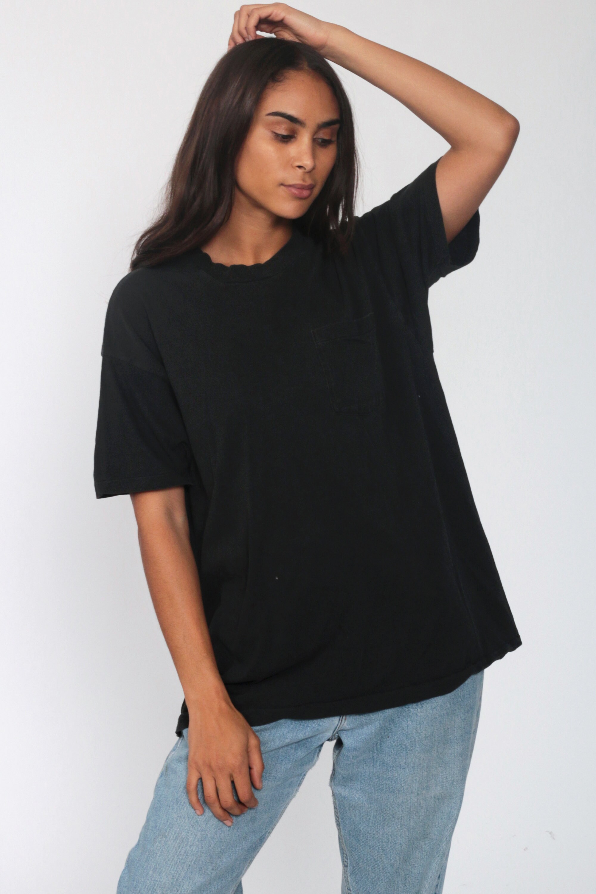 Black Pocket Shirt 80s Single Stitch T Shirt Plain TShirt Vintage Tshirt Top Retro Tee Basic Tee 