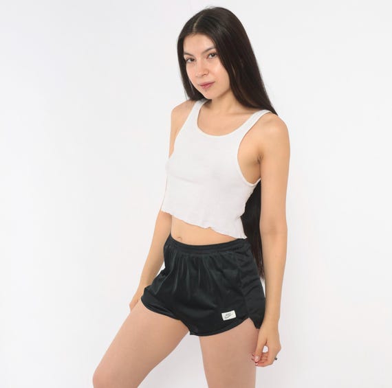 80s Nike Running Shorts Black Satin Sheen Split Hem Athletic Sprinter Track Nylon Swoosh Elastic Waist Gym Workout Jogging Extra Small XS