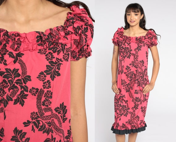 Pink Hawaiian Dress Tropical Floral Dress Midi 80s Hibiscus Surfer Dress 1980s Surf Vintage Peasant Puff Sleeve Dress Summer Shift Small S