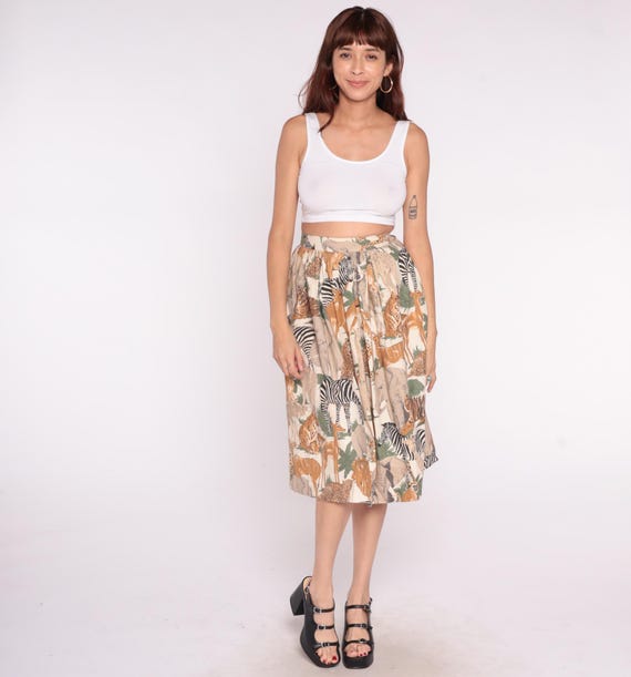 Safari Print Skirt 80s Animal Jungle Zebra Lion Elephant Tiger Leopard Cotton High Waist Novelty Wild Cream Orange Brown Vintage Small S