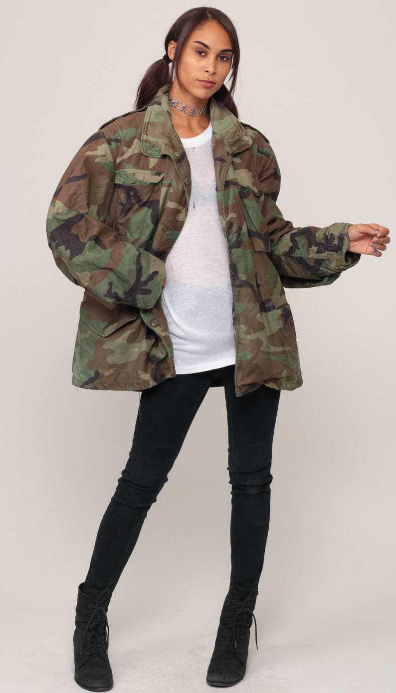 Camo Jacket Camouflage Jacket Military Patch Olive Drab Grunge 80s Commando Cargo Field Vintage Hipster Goth Large image 2