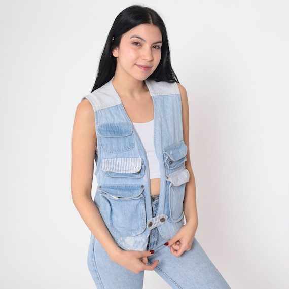 Denim Cargo Vest 90s Blue Jean Button up Vest Striped Pockets Sleeveless Jacket Retro Rocker Biker Punk Streetwear Vintage 1990s Small S