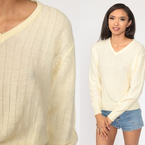 Cream Sweater V Neck Sweater Slouchy Plain 80s Knit 1980s Jumper Boho Sweater Pointelle Sweater Vintage Bohemian Medium