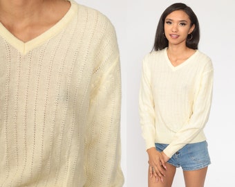 Cream Sweater V Neck Sweater Slouchy Plain 80s Knit 1980s Jumper Boho Sweater Pointelle Sweater Vintage Bohemian Medium