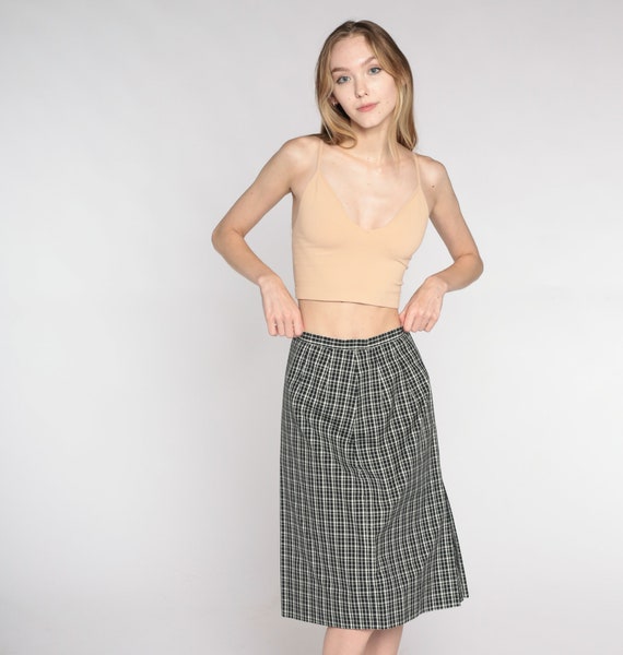 Vintage Checkered Skirt 90s Black White Knee Length Midi Skirt Retro Preppy High Waisted Basic Professional Simple 1990s White Stagg Small S
