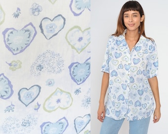 Floral Heart Shirt 90s Button up Blouse White Blue Green Hearts Flower Print Top Short Sleeve Collared Boho Retro Vintage 1990s Blair Large