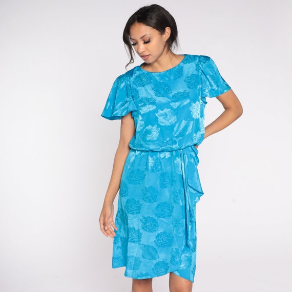 Blue Floral Dress Embossed Midi Dress 80s Secretary Dress Short Flutter Sleeve Dress Ruffle Vintage Blouson High Waisted 1980s Small Medium