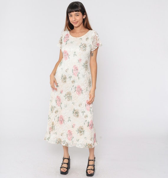 90s Floral Lace Dress Off-White Grunge Midi Dress Vintage 1990s Bohemian Party Short Sleeve Shift Formal Drape Scoop Neck Petite Medium