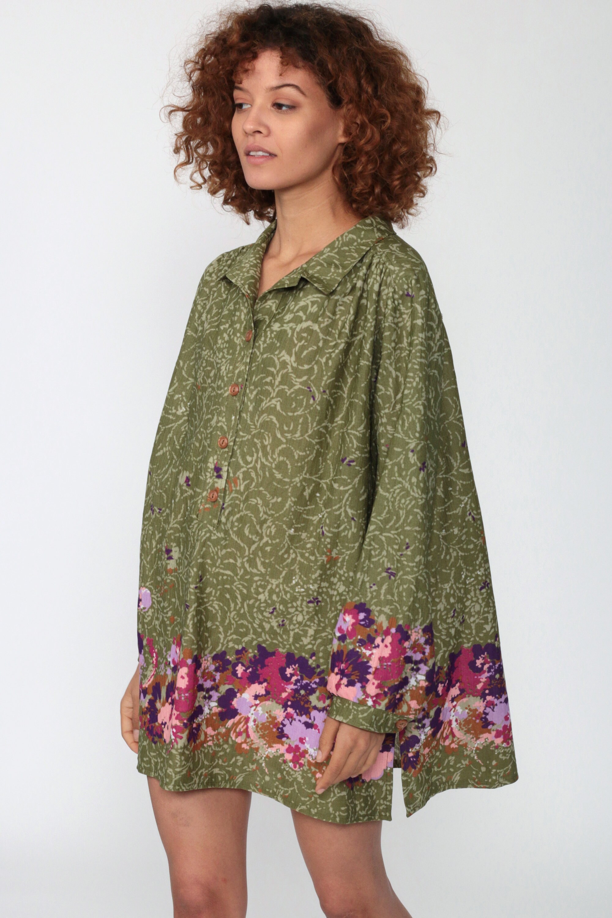 70s Top Large xl Micro Mini Dress Floral Button Up Shirt 70s Tunic Top Green Shift Dress Vintage Long Sleeve Shirt Petite Large L