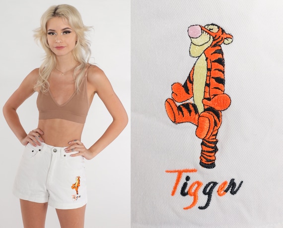 Tigger Shorts 90s White Denim Shorts Disney High Waisted Rise Winnie The Pooh Cartoon Embroidered Retro Walt Disneyland Vintage 1990s XS 25