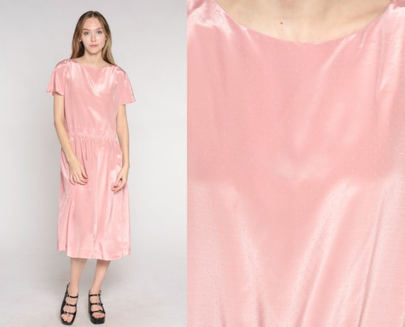 Shiny Pink Dress 80s Blouson Midi Dress Short Flutter Sleeve High Waisted Secretary Shiny Pastel Plain Party Formal Vintage 1980s Medium M