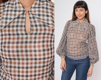 70s Gingham Balloon Sleeve Blouse 1970s Sheer Buffalo Checkered Shirt Brown Black Keyhole Dagger Collar Cottagecore Vintage Extra Small xs