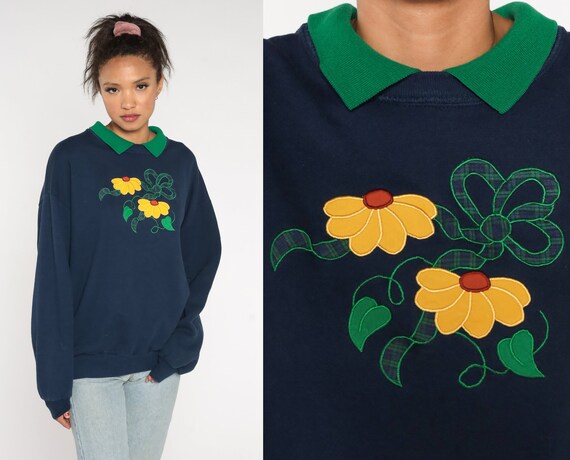 Collared Floral Sweatshirt 90s Black Eyed Susan Sweatshirt Nerd Shirt 1990s Vintage Grandma Navy Blue Slouchy Jerzees Graphic Extra Large xl