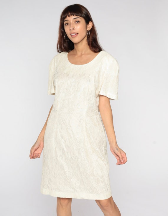 Off-White Lace Dress 90s Mini Dress Bohemian Party Floral Lace Sheath Formal Cocktail Short Sleeve Shift Romantic Vintage 1990s Large L