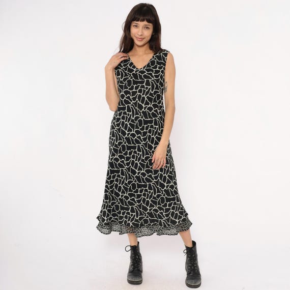 Giraffe Print Dress 90s Black White Maxi Abstract Animal Pattern Sleeveless Ruffle Hem Summer Cocktail Party Vintage Dressy Elegant Medium M