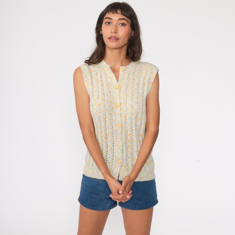 Flecked Sweater Vest Top Confetti Button up Sweater 80s Boho Knit Hippie Top Vintage Pointelle Grandma Sweater Granny Sleeveless Small S