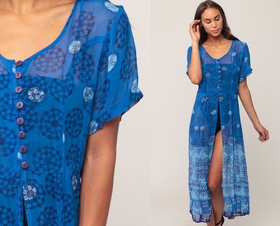 Beach Cover Up Dress Boho Jacket Dress 90s Grunge Long HIGH SLIT Button Up Maxi Bohemian Vintage Short Sleeve Blue Geometric Small Medium