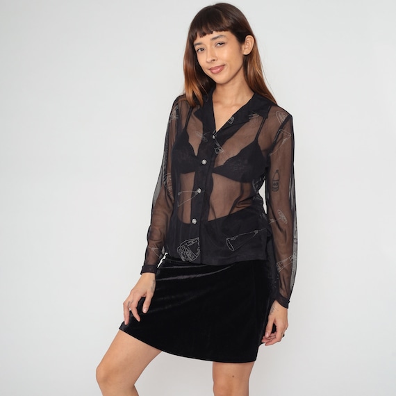 Black Mesh Blouse Y2K Sheer Shirt Champagne Wine Bottle Glass Flute Print Button up Top Long Sleeve See-Through Boho Vintage 00s Small S