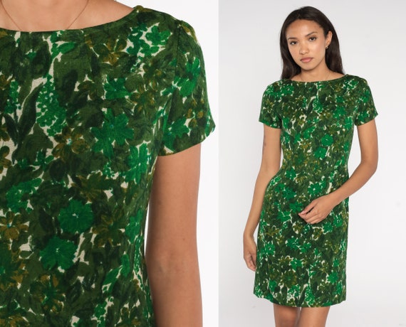60s Floral Dress Mini Boho Green Flower Print Mod… - image 1
