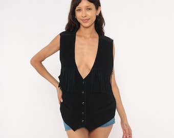 Chaleco de gamuza con flecos estilo años 90, chaleco de cuero negro, estilo western, botones a presión en la parte delantera, cuello en V, top sin mangas, detalle de flecos, satén, estilo vaquera, talla extragrande (XL).