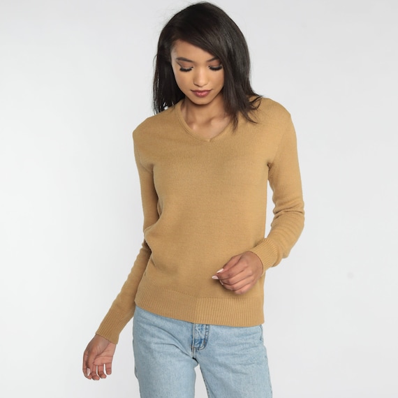 70s Tan Sweater V Neck Pullover Knit Sweater Retro Acrylic Jumper Boho Simple Minimalist Knitwear Normcore Plain Vintage 1970s Mens Small S