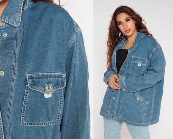 Denim Snap Up Jacket Y2K Blue Jean Jacket Retro Streetwear Collared Chore Coat Minimalist Basic Plain Vintage 00s Ralph Lauren Jeans 2xl xxl