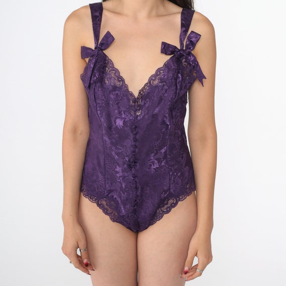 Victoria's Secret Teddy Romper 90s Purple Embossed Floral Paisley Lingerie Bodysuit Button Up One Piece Sleeveless Vintage 1990s Small S