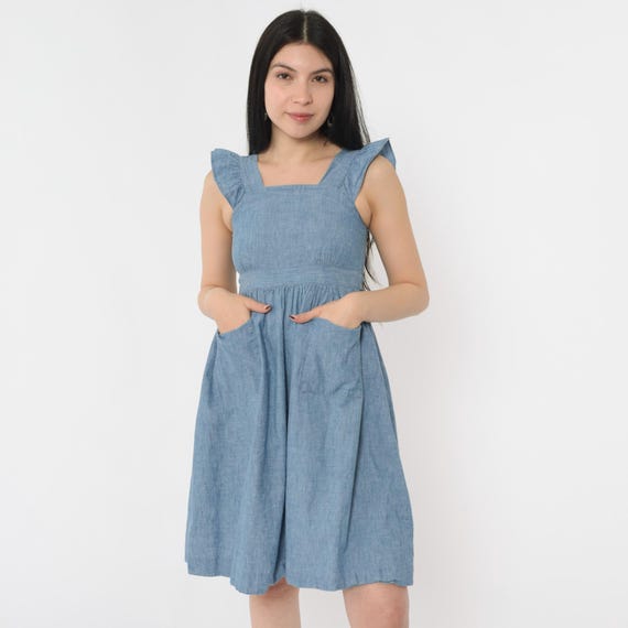 Vintage 90s Chambray Sundress Blue Ruffle Prairie Dress Square Neck Button Back Mini Cottagecore Fit and Flare Pockets 1990s 2xs xxs