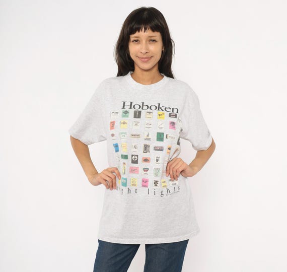 Hoboken Night Lights 90s Bar Matchbook Graphic Tee Grey Cotton New Jersey Nightlife Print Ash Gray Vintage Novelty Souvenir Shirt Large L