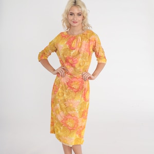 1960s Floral Dress 60s Garden Party Watercolor Flower Print High Waist 3/4 Sleeve 1960s Vintage Day Dress Madmen Pencil Yellow Green Small