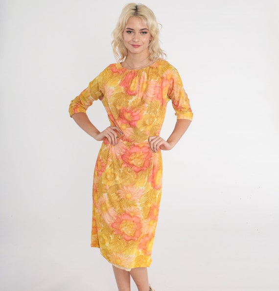 1960s Floral Dress 60s Garden Party Watercolor Flower Print High Waist 3/4 Sleeve 1960s Vintage Day Dress Madmen Pencil Yellow Green Small