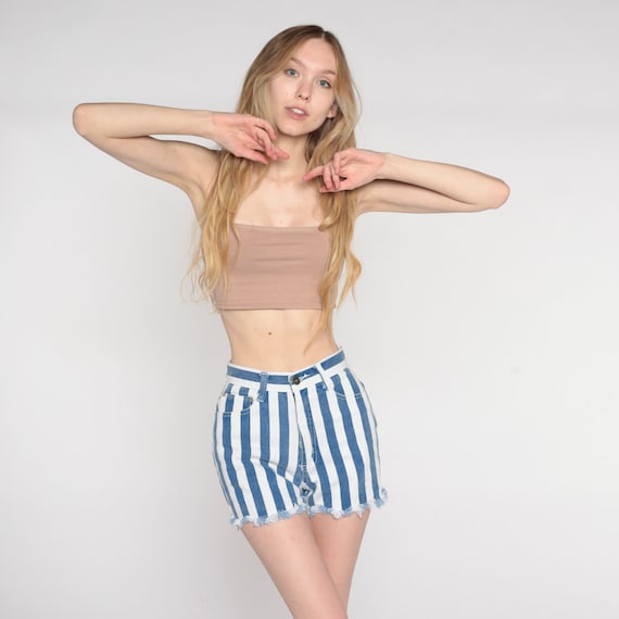 Striped Denim Cutoffs 90s Railroad Stripe Jean Shorts Blue White High Waisted Retro Frayed Streetwear Summer Vintage 1990s Extra Small XS