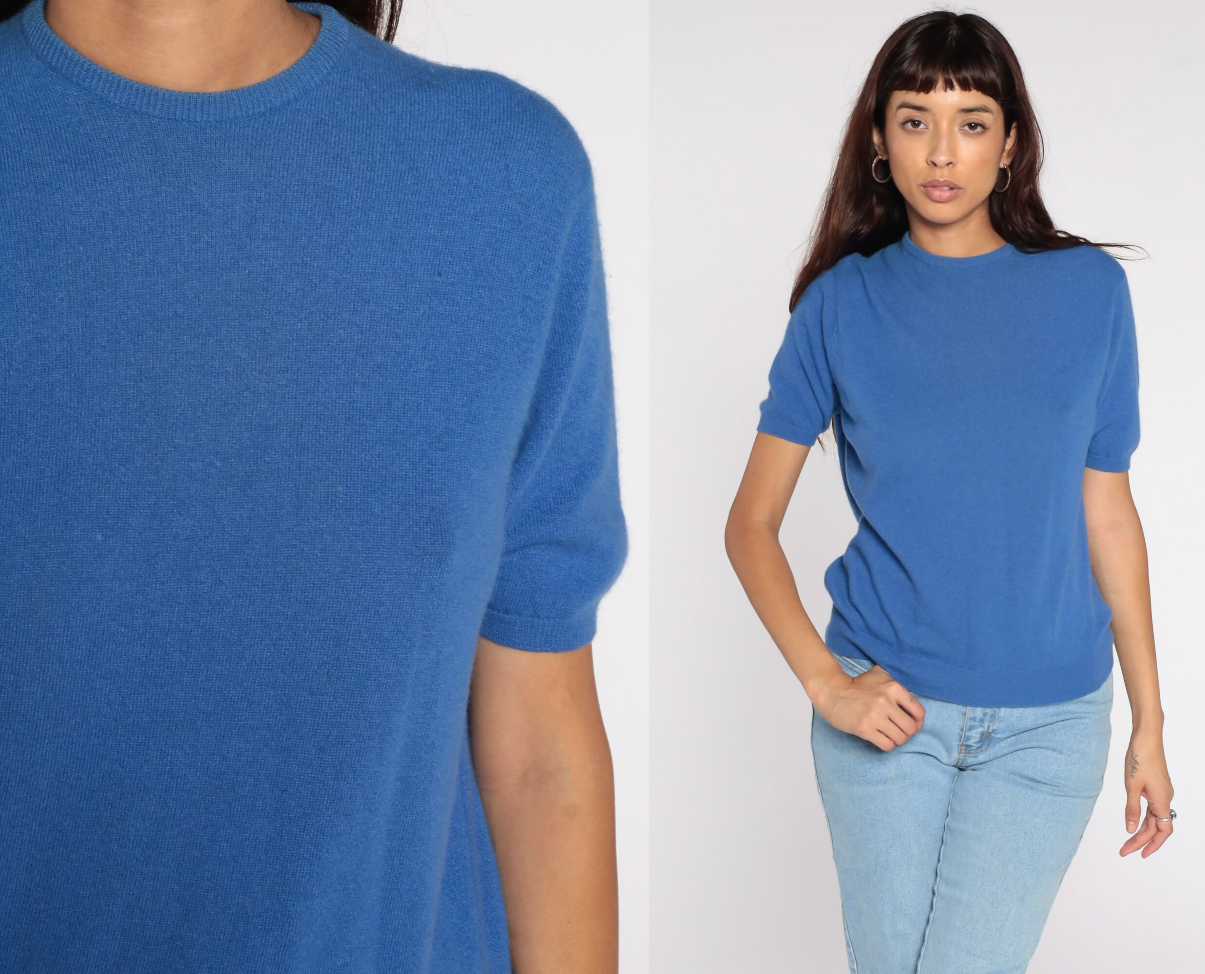 60s Sweater Shirt Blue Knit Top Short 