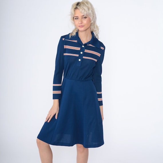 Blue Striped Dress 70s Mod Midi Dress Long Sleeve Button up Collared High Waisted Ribbed Preppy Shirtwaist Fit Flare Vintage 1970s Small S