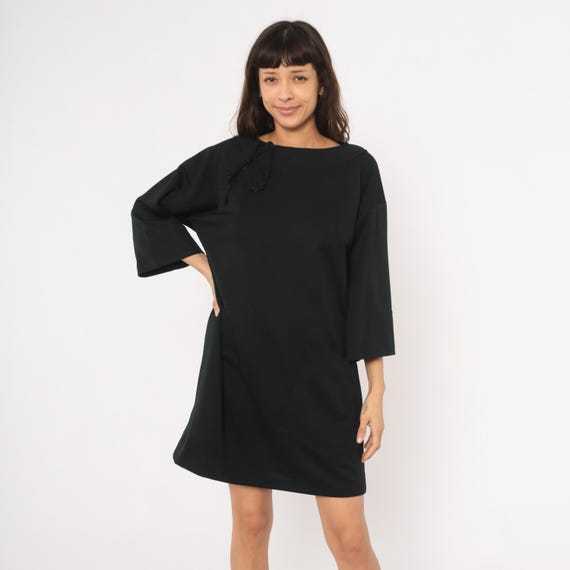 70s Black Shift Dress Lace Up Neckline Bell Sleeve Frock Patch Pockets Mod Minimal Pullover Tunic Dark Vintage Women Go Go Extra Large XL