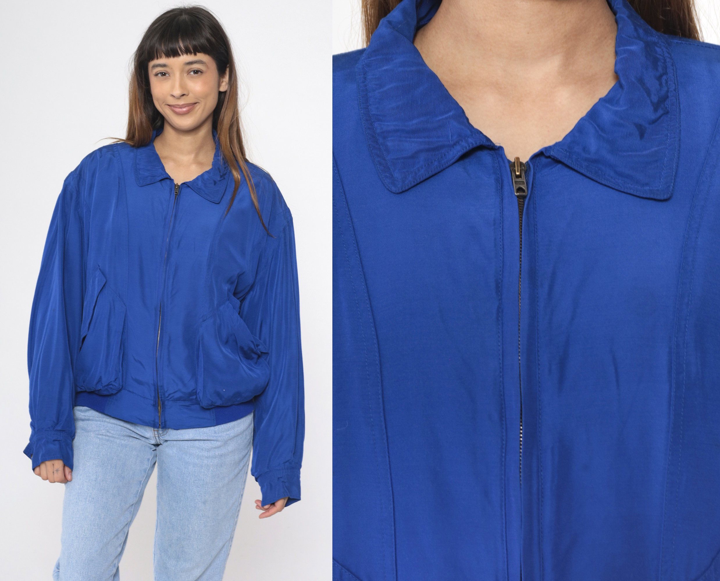 90s Windbreaker Royal Blue Zip up Bomber Jacket Plain Cargo