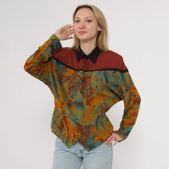 90s Colorblock Shirt Rust Black Leaf Print Long Sleeve Abstract Botanical Autumn Earth Tones Yellow Green Orange Blue Grunge Alt Medium M