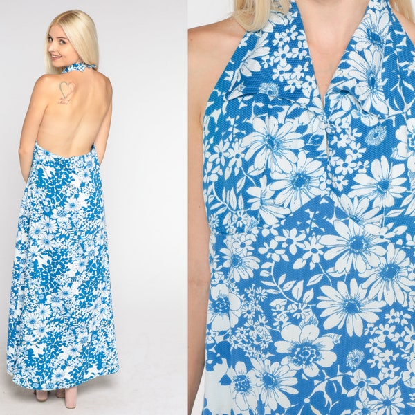 70s Floral Dress Blue Maxi Dress Boho Open Back Halter Dress Flower Print Long Sun Dress Hippie Bohemian Sleeveless Vintage 1970s Medium M