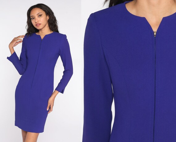 Purple Mini Dress 90s Mini Liz Claiborne Dress Long Sleeve Sheath Front Zip Up Simple Plain Vintage 1990s Minidress Extra Small xs Petite