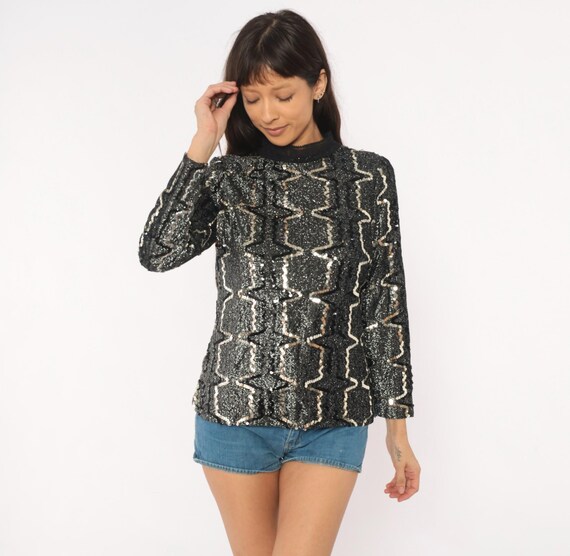90s Black Silver Sequin Top Sparkle Blouse Long Sleeve Geometric Metallic Shirt Elinor Gay Evening Party Going Out Club Disco Medium M