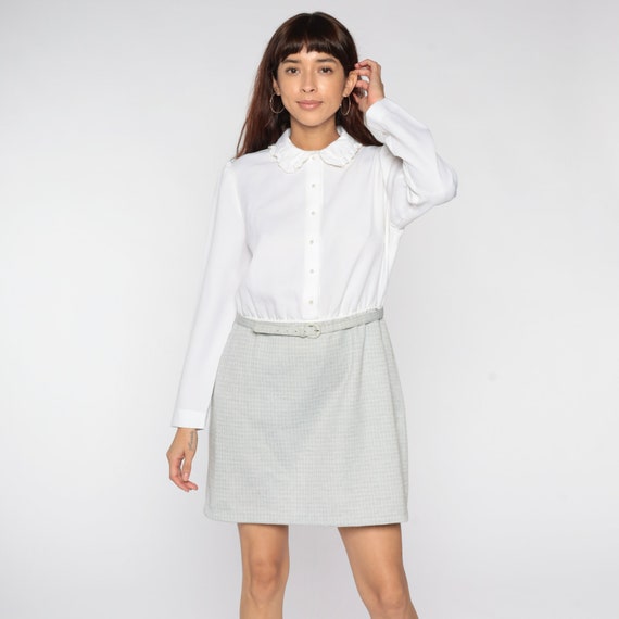 Secretary Mini Dress 80s PUFF Sleeve Dress White Grey Peter Pan Collar Puffy High Waisted Preppy Button Up Vintage Checkered Medium Large