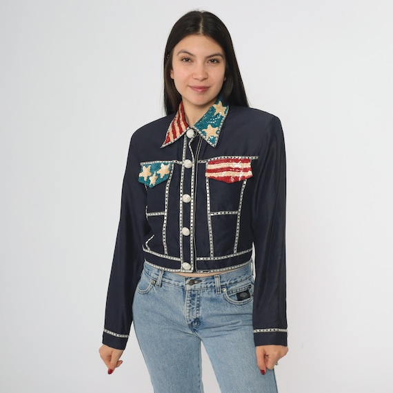 90s Patriotic Sequin Jacket Navy Blue Western Cropped Blazer Star Stripe Design Beaded Trim Statement Collar Rodeo Glam Country Small S