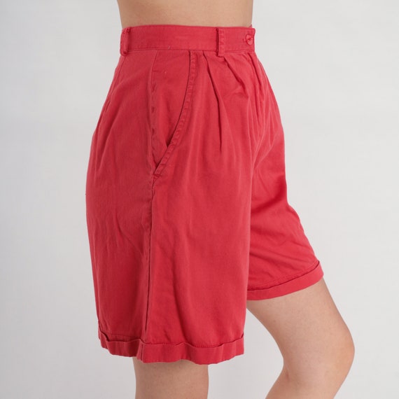 Red Pleated Shorts 80s High Waisted Mom Shorts Pleated Cotton Mid Length Shorts Retro Basic Cuffed Summer Plain Vintage 1980s Extra Small xs